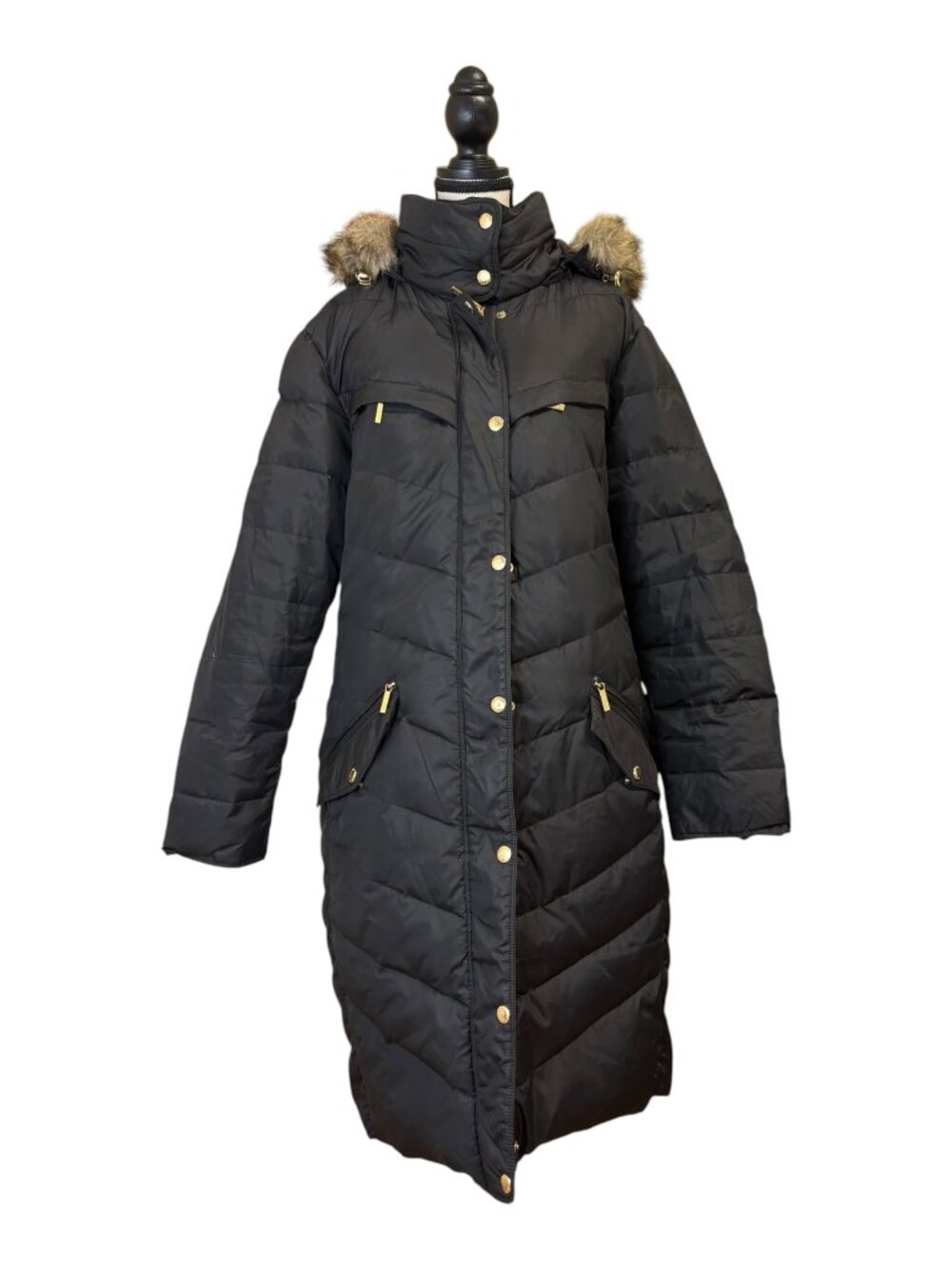Michael Kors Black Quilted Down Puffer Coat with Faux-fur Trim (1X)